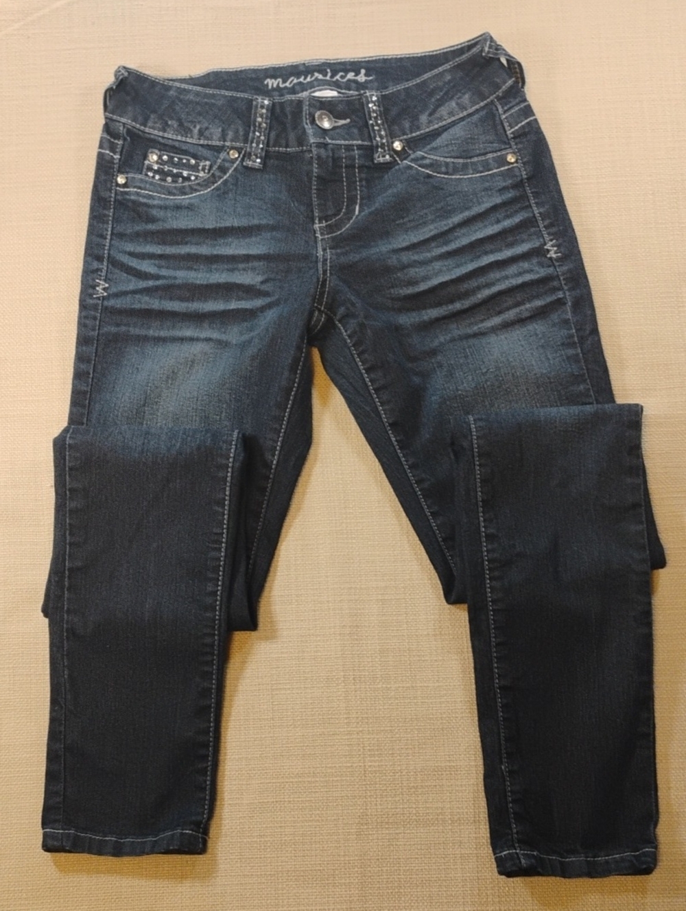 Women's Size XS Maurices Dark Blue Skinny Jeans with Stud Accents